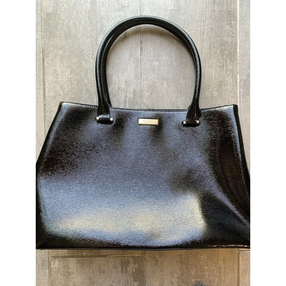 KATE SPADE Black Leather Shiny Glossy Designer Tote Shoulder Bag Classic Chic